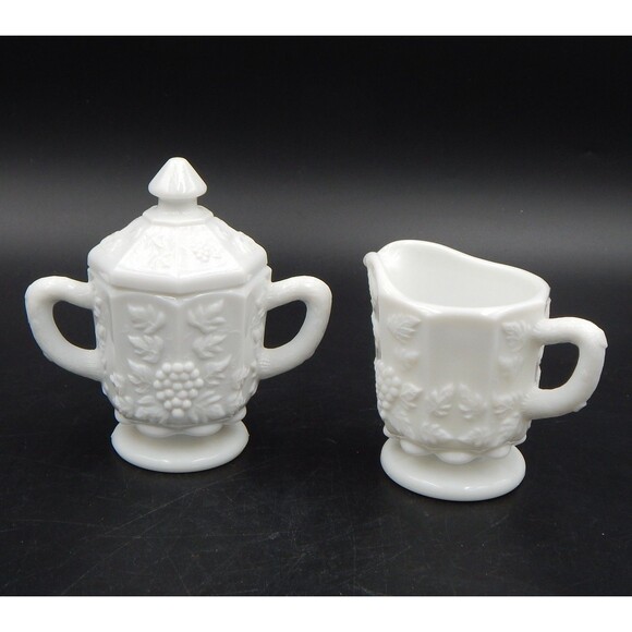 Westmoreland Other - Westmoreland Paneled Grapes White Milk Glass Lidded Sugar Bowl & Creamer Set